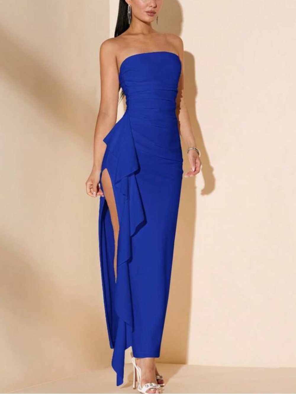 Strapless Blue Ruffle Column Evening Dress - Picture 3 of 7